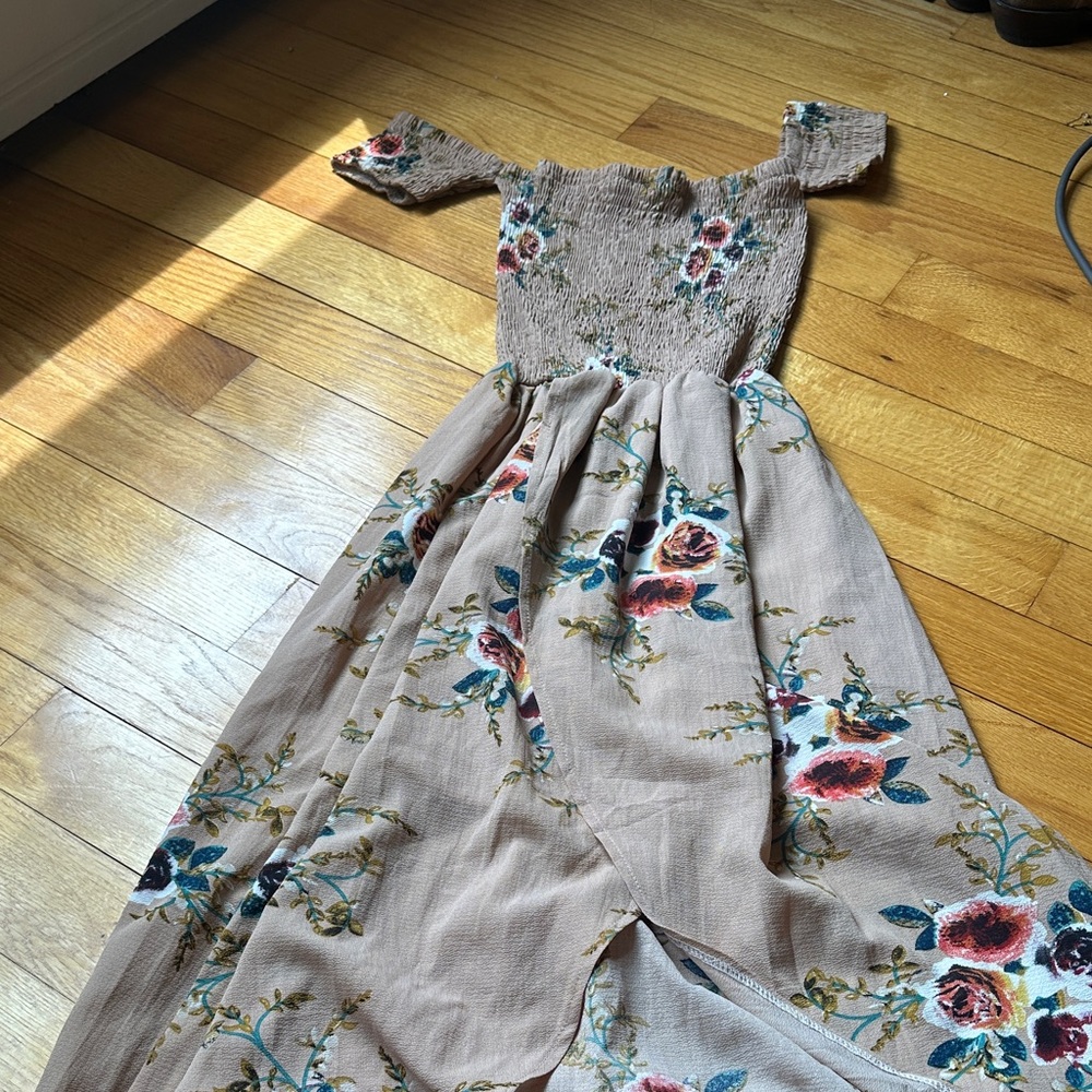 Amazon Beige Floral Maxi Dress with Pink and Blue Flowers